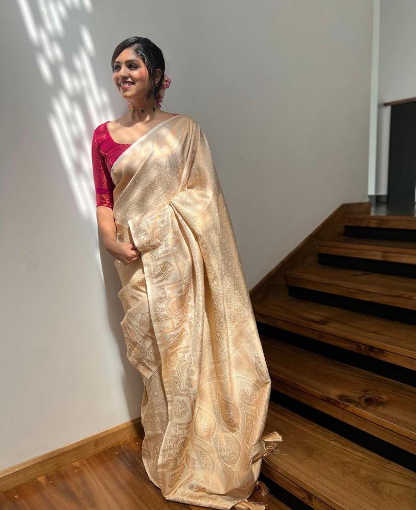 Ddf Cream Soft Lichi Silk Banarasi Saree catalog